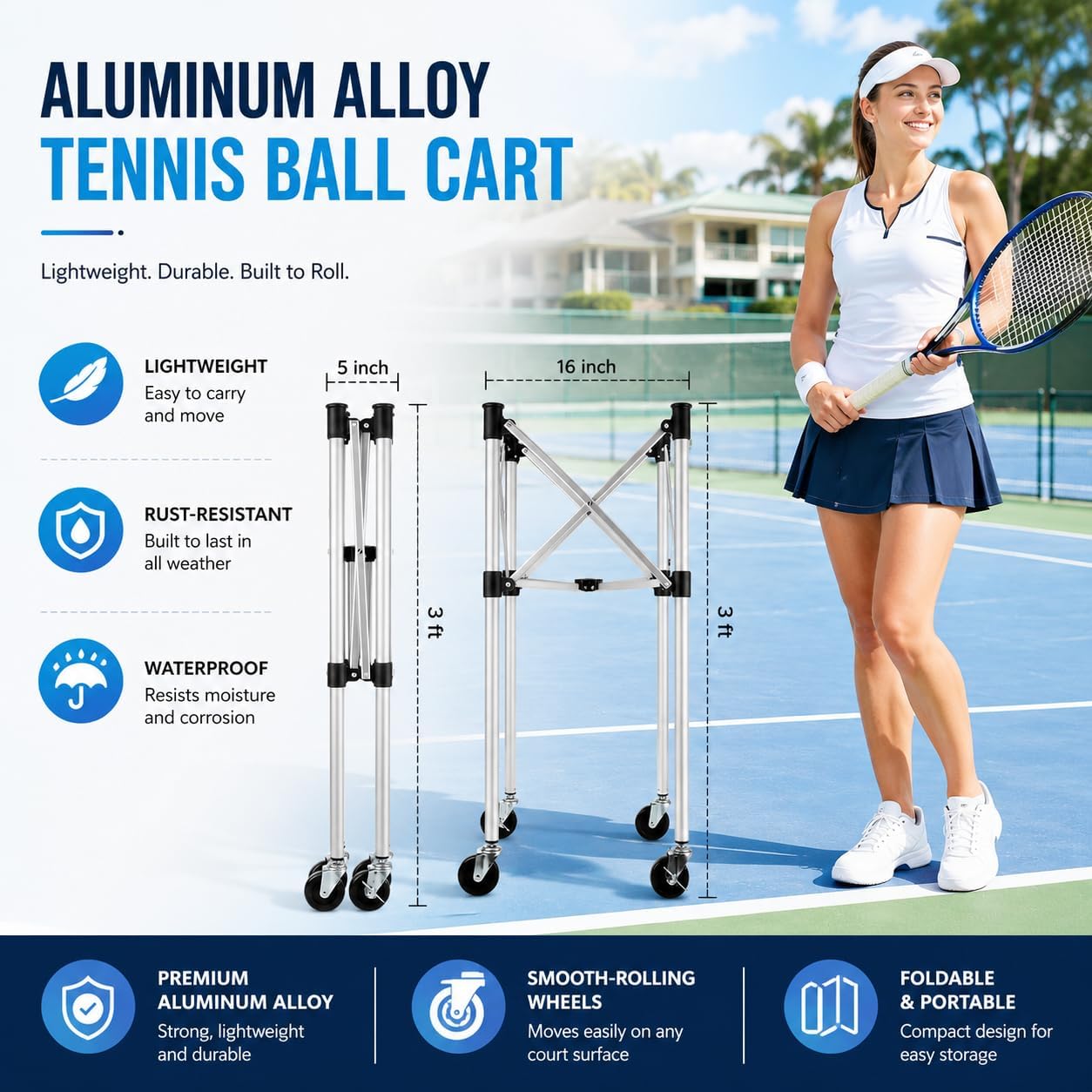 Tennis Ball Hopper for 150 Balls, Foldable Basket Cart with Lightweight Aluminum Frame, Locking Wheels, Zippered Closed-Top Bag Helps Keep Balls Cleaner, YKK Zipper, Portable Caddy for Practice