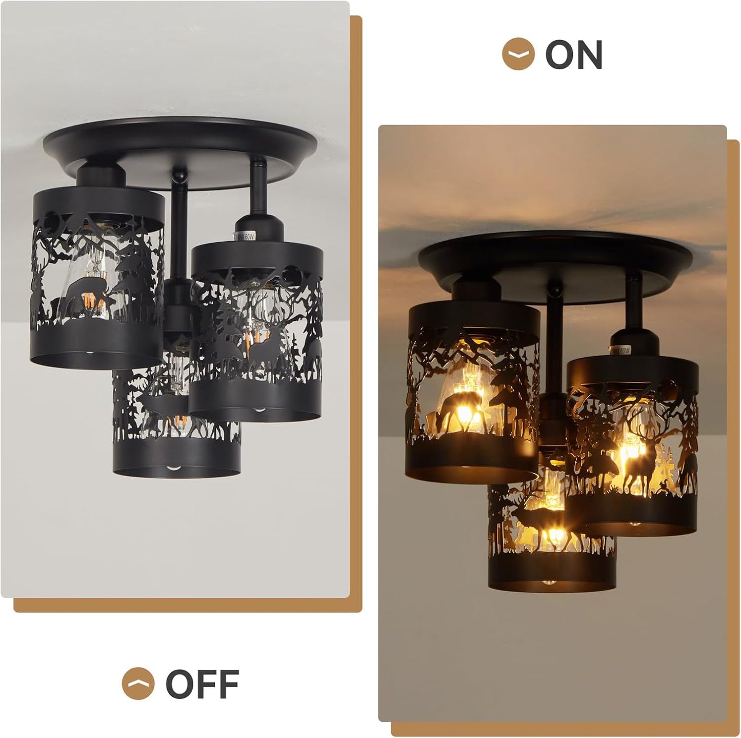 3-Light Rustic Farmhouse Semi Flush Mount Ceiling Light Fixture | Deer & Forest Design, Black Metal Shades, E26 Base
