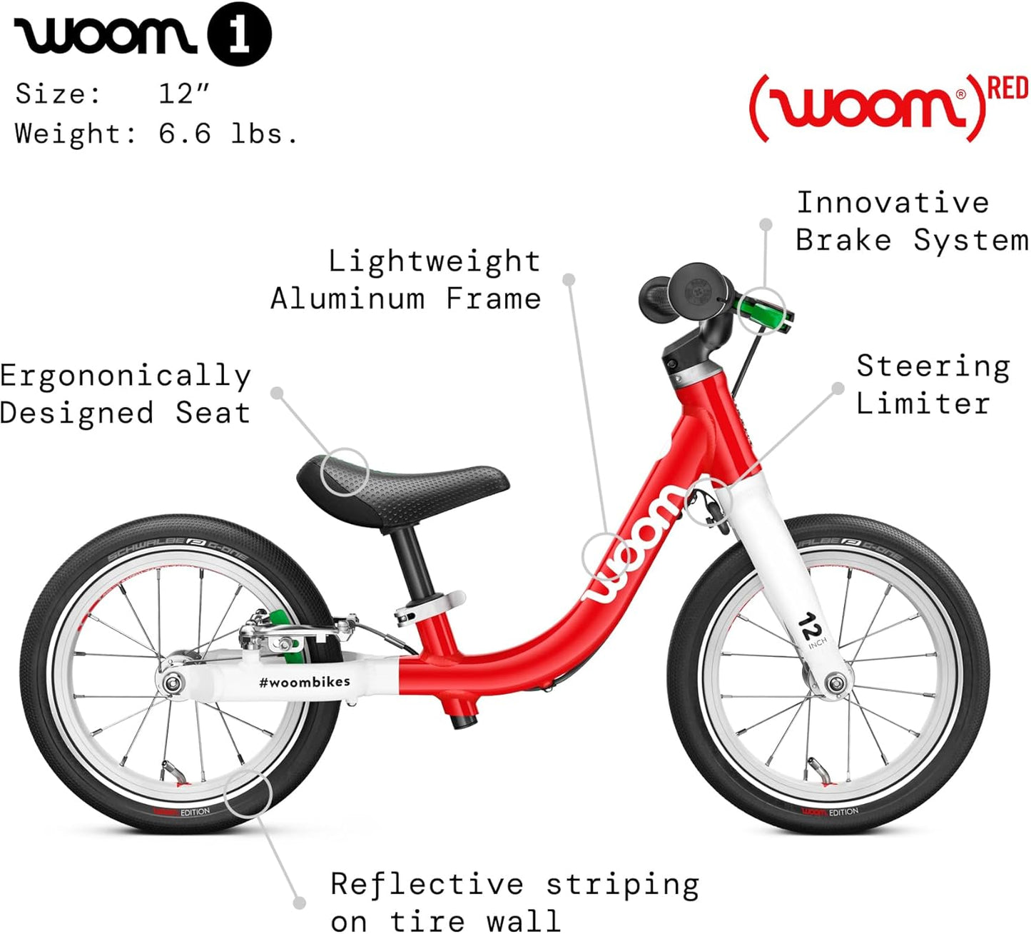 woom 1 Balance Bicycle for Kids 18 Months to 3.5 Years Old, Lightweight 12-Inch Toddler Bike with Handbrake & Steering Limiter, Boys & Girls (Red)