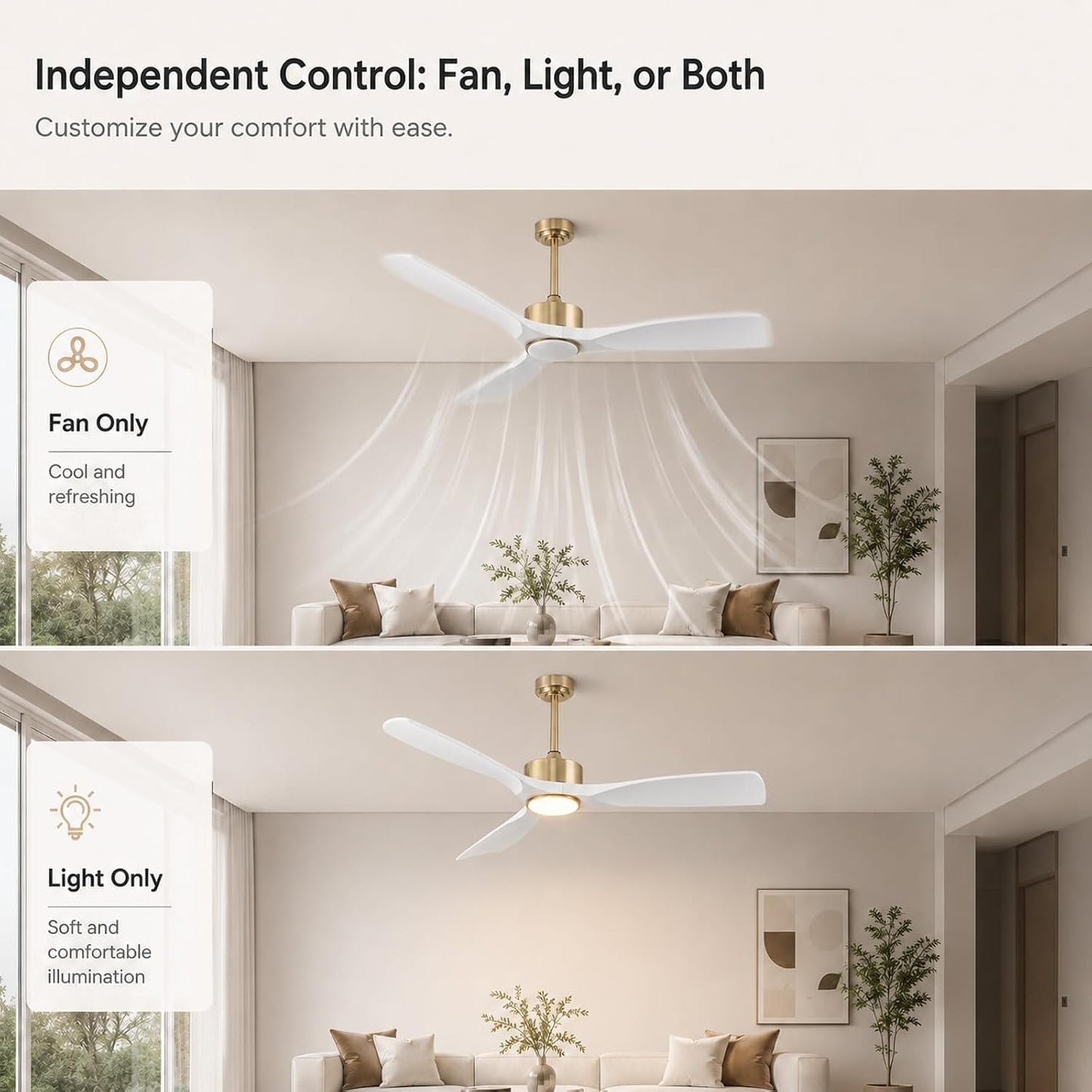 52 Inch Modern White and Gold Ceiling Fans with Lights and Remote | Quiet and Reversible DC Motor, Up to 6567 CFM, Dimmable 3-Color Ceiling Fan Light, Memory Function, for Bedroom Living Room
