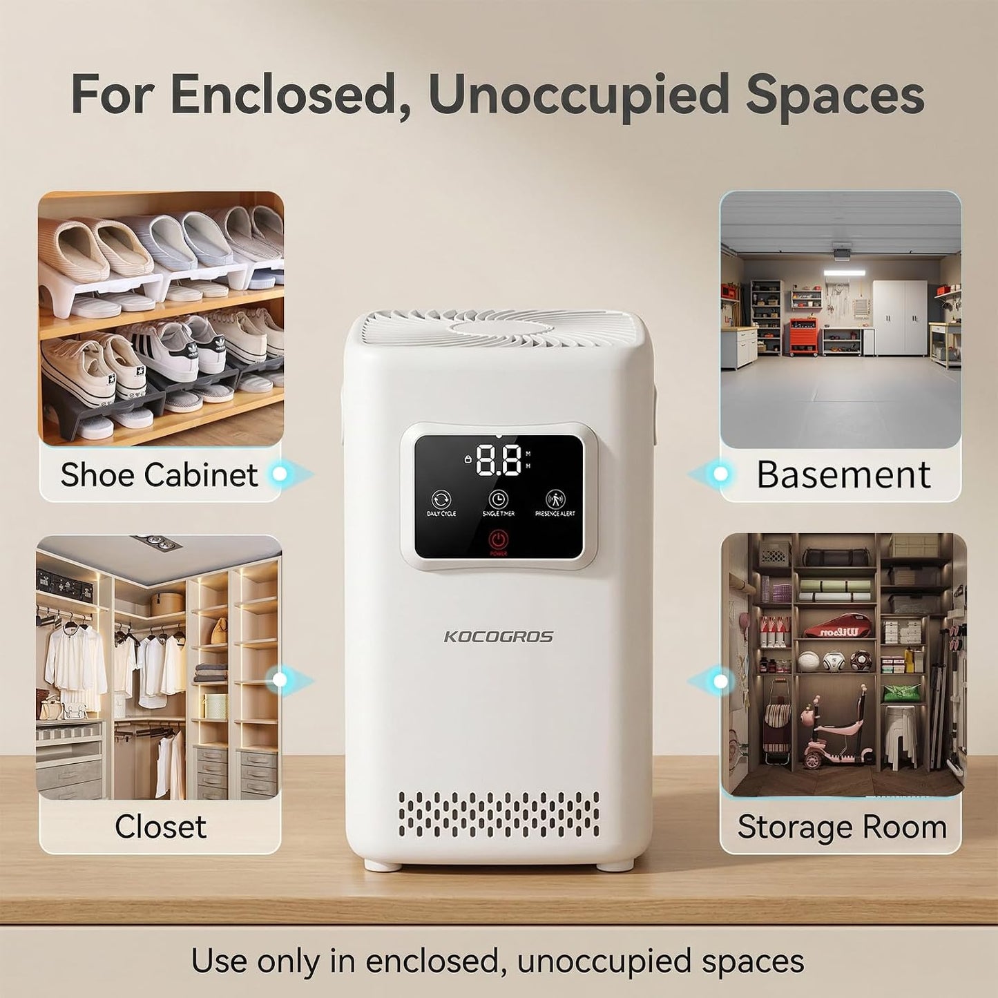 Odor Treatment Device with Daily Cycle, Single Timer and Presence Alert, for Enclosed Unoccupied Spaces