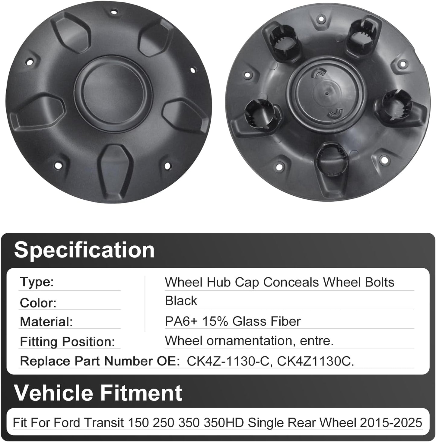 Set of 4 Hubcaps 16-inch Steel Wheel Black Center Caps for Ford Transit 150 250 350 350HD Single Rear Wheel 2015-2025 PA6 & 15% Glass Fiber 5 Stud Steel Wheel Hub Covers