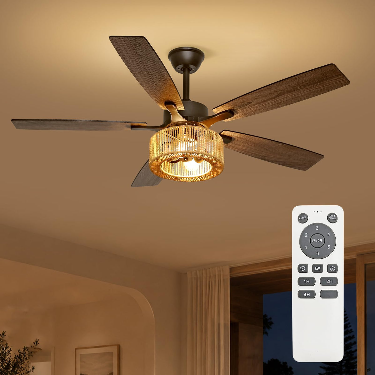 52In Boho Fandelier Ceiling Fan with Light, Hand-Woven Rattan Shade Beige