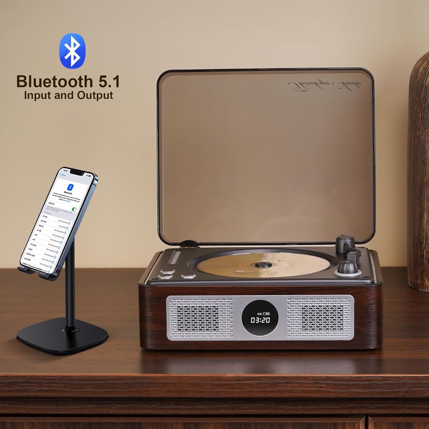 Y11 Retro CD Player with Bluetooth, Portable Desktop CD Player for Home with Dual HiFi Speakers & Remote Control, USB/AUX/SPDIF Output, Brown