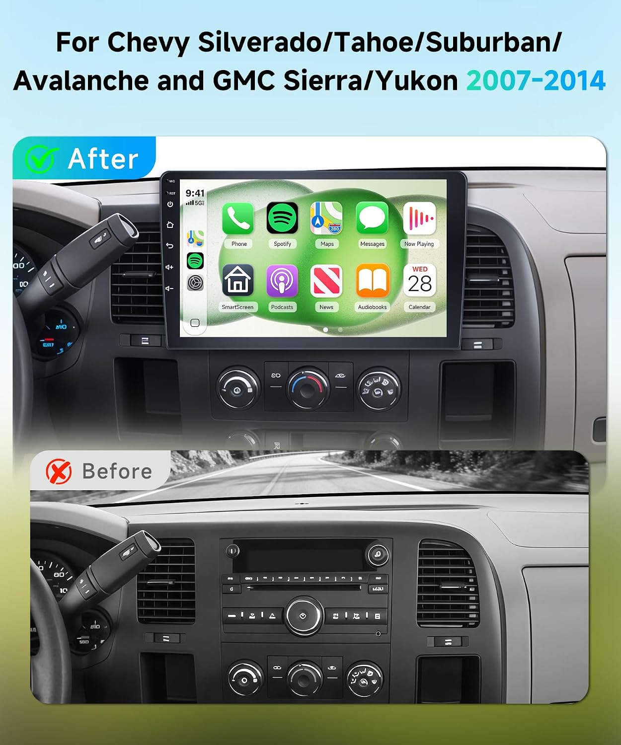 Rimoody 4g+64g 10.1'' Android 15 Car Stereo for Chevy Silverado/Tahoe/Suburban/Avalanche and GMC Sierra/Yukon 2007-2014, Wireless Carplay Andorid auto, 5G-WiFi, HD Touch Screen GPS