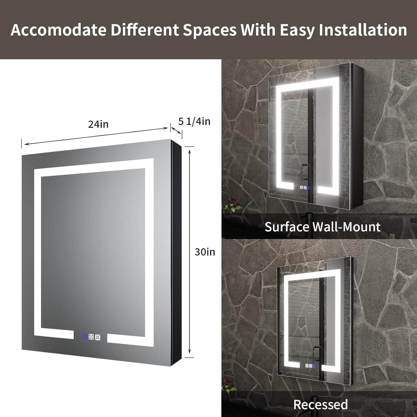 ES-DIY Lighted Medicine Cabinet 24 x 30 Inch, LED Medicine Cabinet Recessed or Surface Mount, Defog, Stepless Dimming,Color Temper