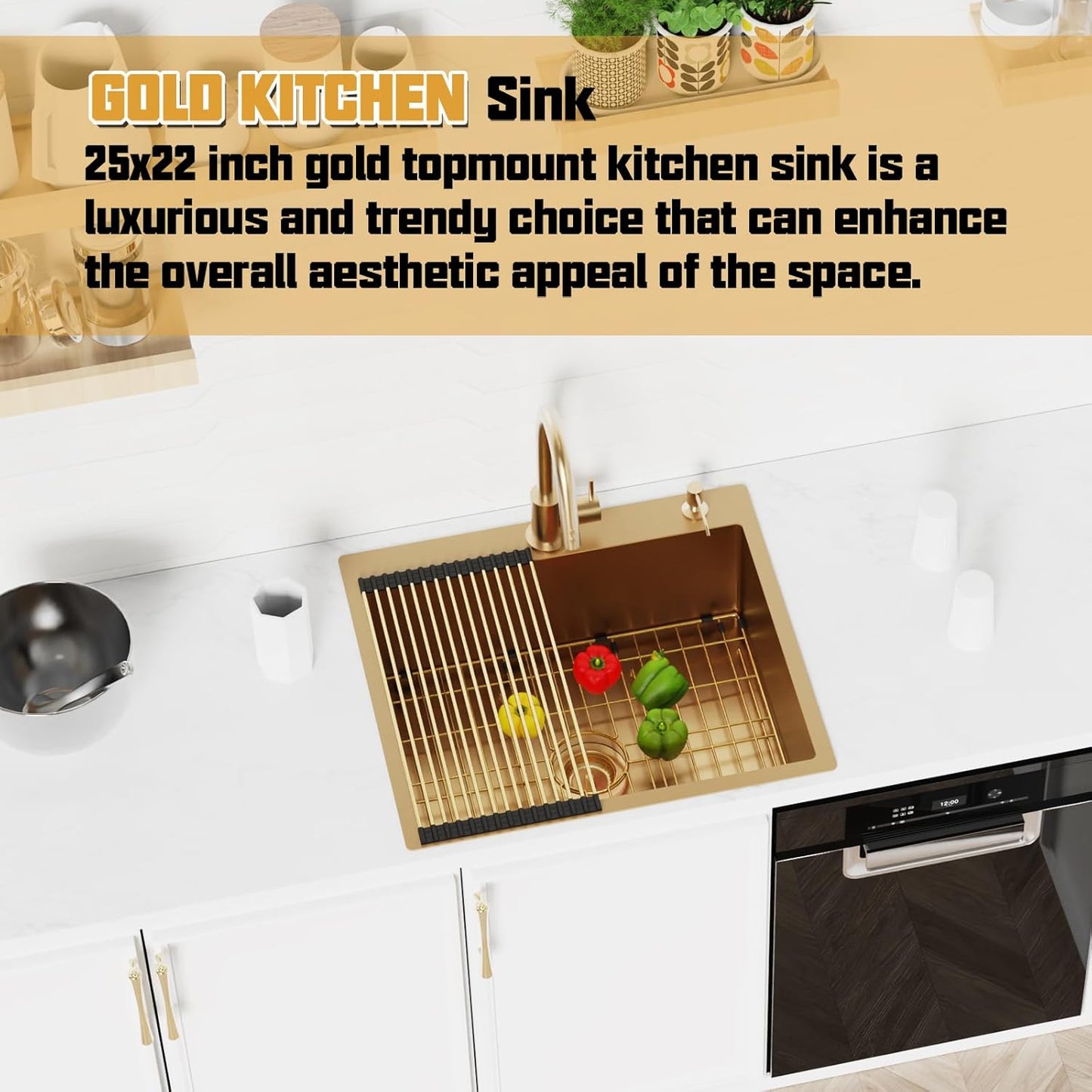 Gold Kitchen Sink, 25'x 22' Stainless Steel Drop In Kitchen Sink Single Bowl Gold Topmount Kitchen Sink With Gold