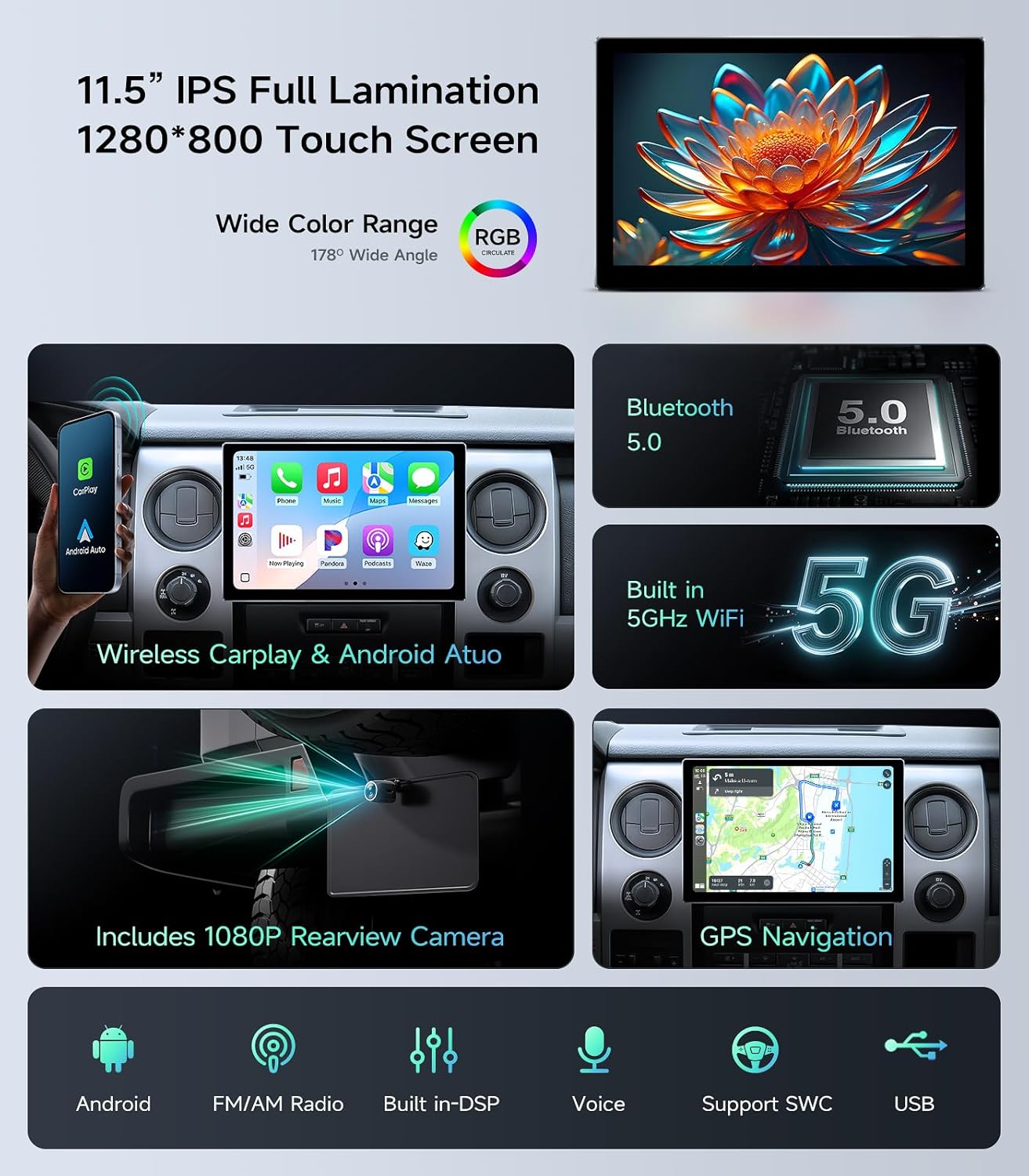 11.5'' Car Radio Stereo for 2009 2010 2011 2012 2013 2014 Ford F150 with Wireless CarPlay/Android Auto, Touchscreen, GPS Navigation, WiFi, FM Radio, Bluetooth & HD Backup Camera