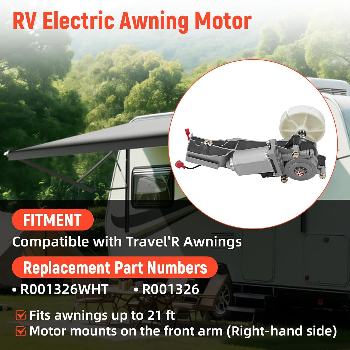 R001326WHT RV Awning Motor Fit for Travel'R Patio Awnings White 12V