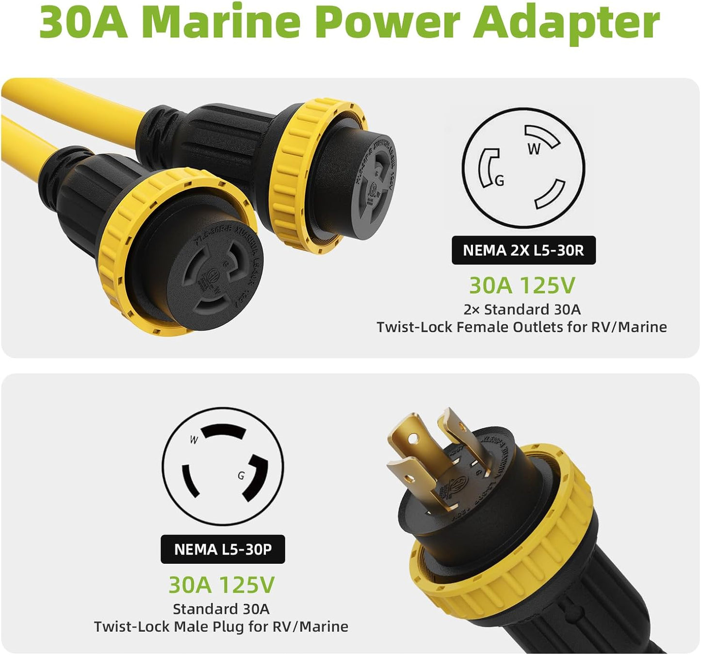 NEMA L5-30P to Dual L5-30R Marine Shore Power Splitter Cord, 30 Amp 125V Male to Two 30 Amp 125V Female Locking Adapter with Waterproof Seals, Heavy Duty STW 10AWG, 3FT