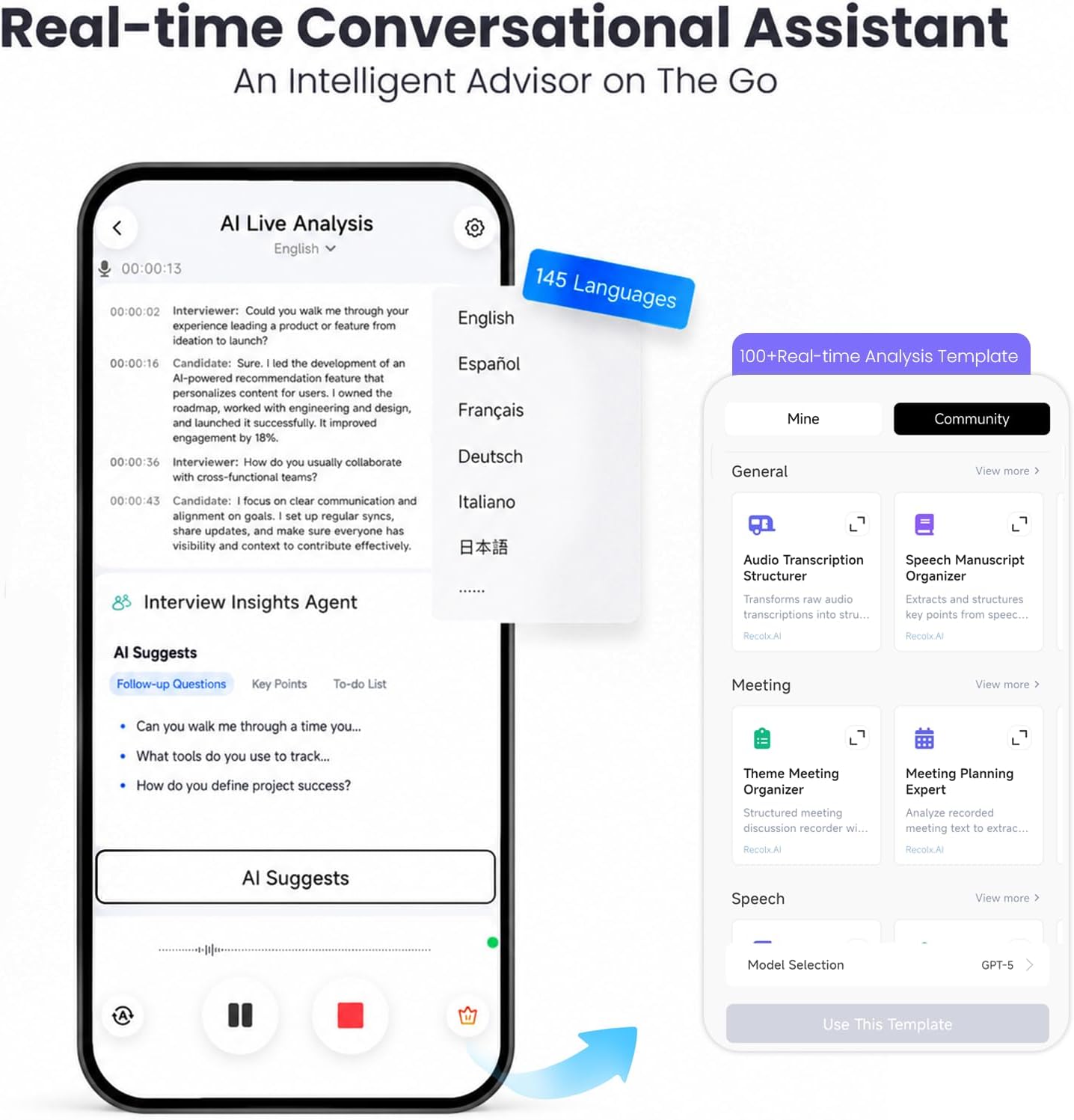 Recolx GPT5.6 AI Voice Recorder, Recording Note Taking Earbuds with APP