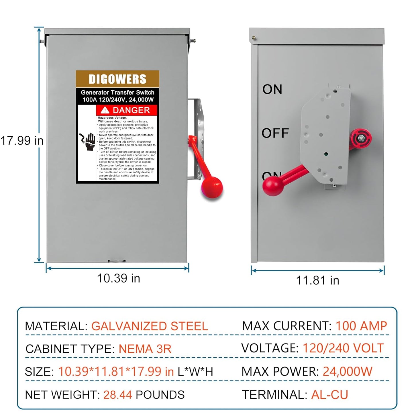 28.44 lb General-Duty Double-Throw Heavy Duty Safety Switches,240 Volt AC 4 Wire 2 Pole Generator Transfer Switch 100 Amp,24KW Manual Transfer Switch