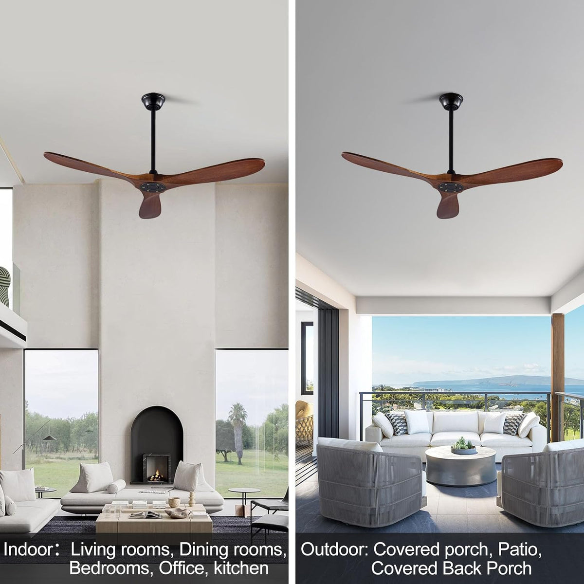Outdoor Ceiling Fan no Light, 52 inch Wood CeIling Fans without Light and Remote Control,Black Ceiling Fan for Patio, Modern Design for Garage, Living Room, Bedroom, Office