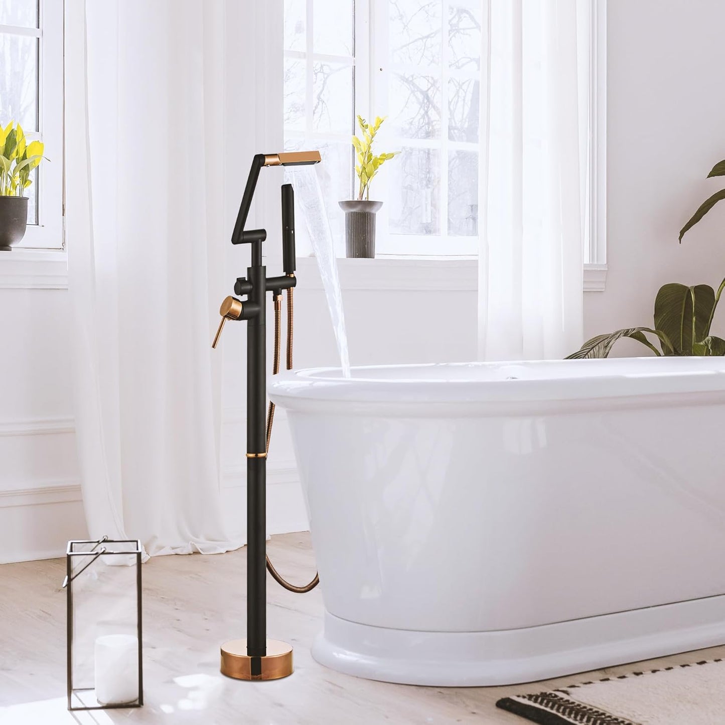 LCEVCGK Freestanding Bathtub Faucet Floor Mount Matte Black and Gold Tub Filler High Flow Swivel Spout Shower Faucets with Handheld Shower Mixer Taps