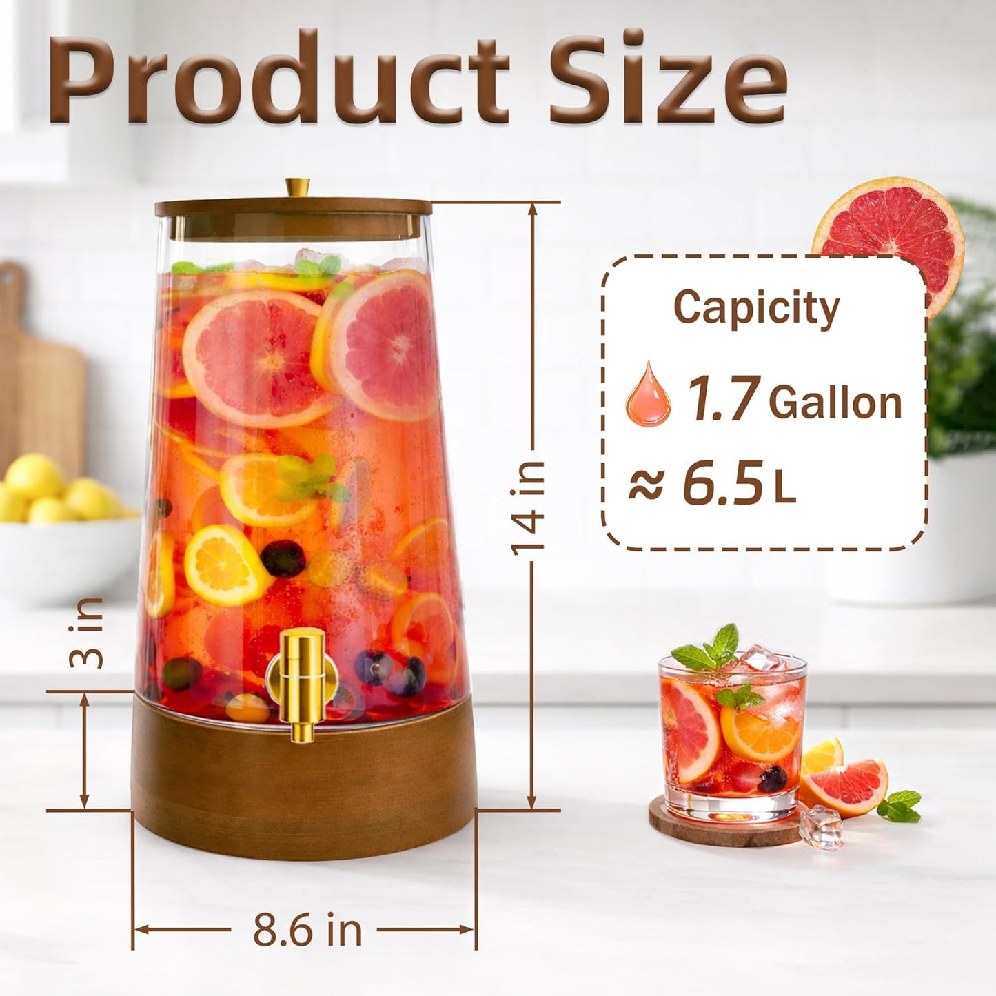 1.7 Gallon Glass Drink Dispenser, Large Glass Cold Beverage Dispensers with Faucet, Water Dispenser for Party, Bars and Home