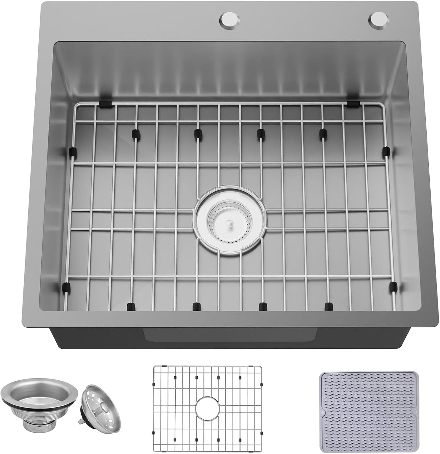 Grey Kitchen Sink,25x22 Inch Kitchen Sink Stainless Steel Drop In Kitchen Sink Topmount Stylish and Modern Look Sink With Bottom Grid,Silicon Mat And