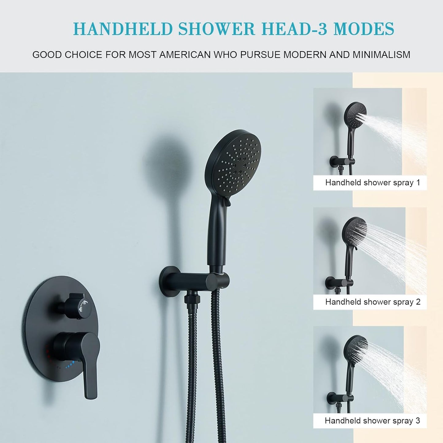 Matte Black Shower System Has 12 Inches Rainfall Shower Head with Handheld Shower Set, High Pressure Matte Black Shower Faucet with Brass Valve for