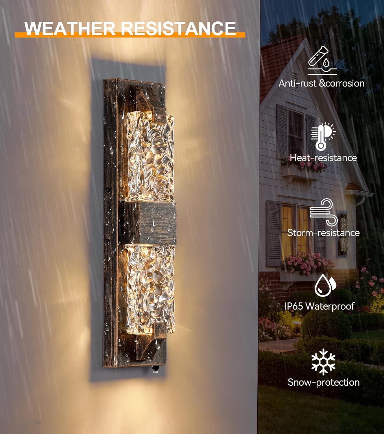 Dusk to Dawn Porch Lights, 18.5" Rustic LED Outdoor Wall Light 2 Pack | Rustic Wood-Grain,Crystal Glass Shade, IP65 Waterproof,12W 3000K Hardwired, Rust-resistant for Entryway/Garage/Patio/Doorway