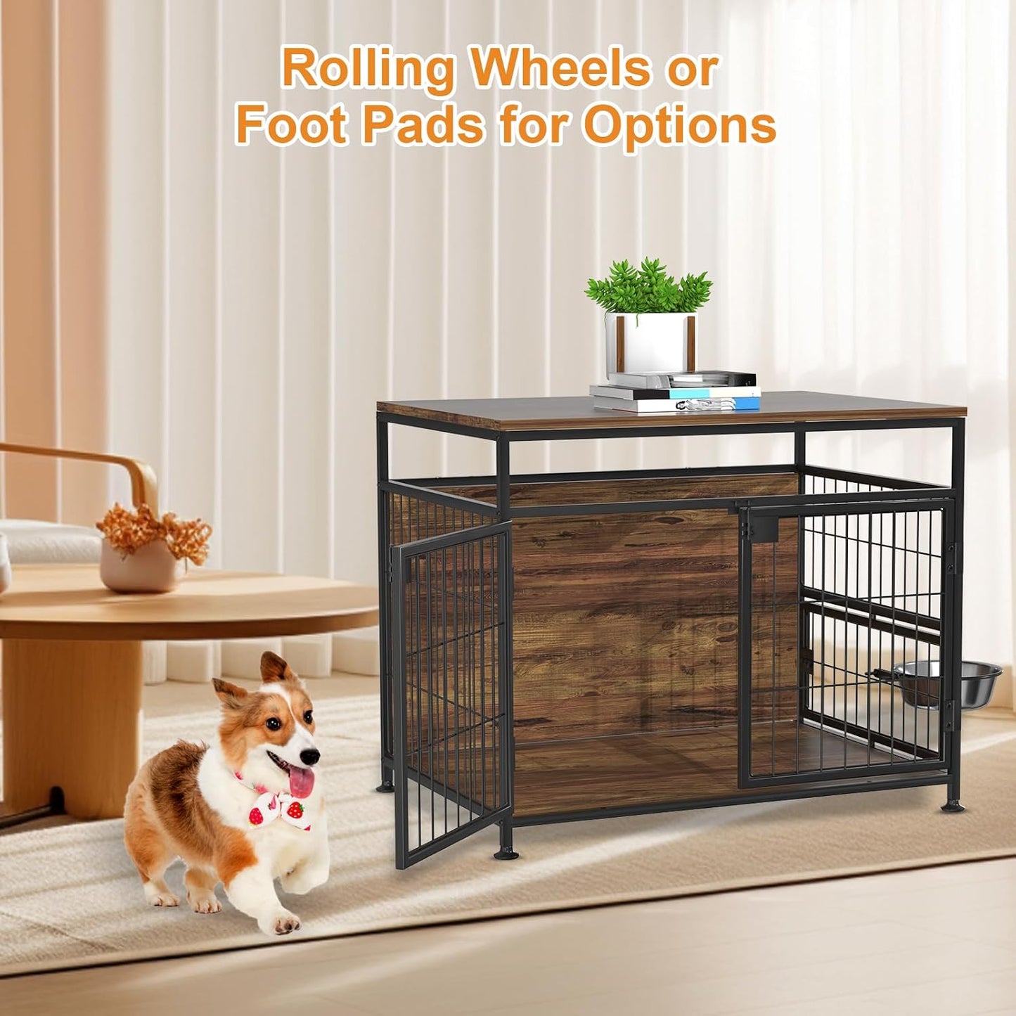 31' Dog Crate Furniture, Heavy Duty Wooden Side End Table, Indoor Dog Kennel Furniture for Small/Medium Dog, Double Doors & 360 Degree Rotating