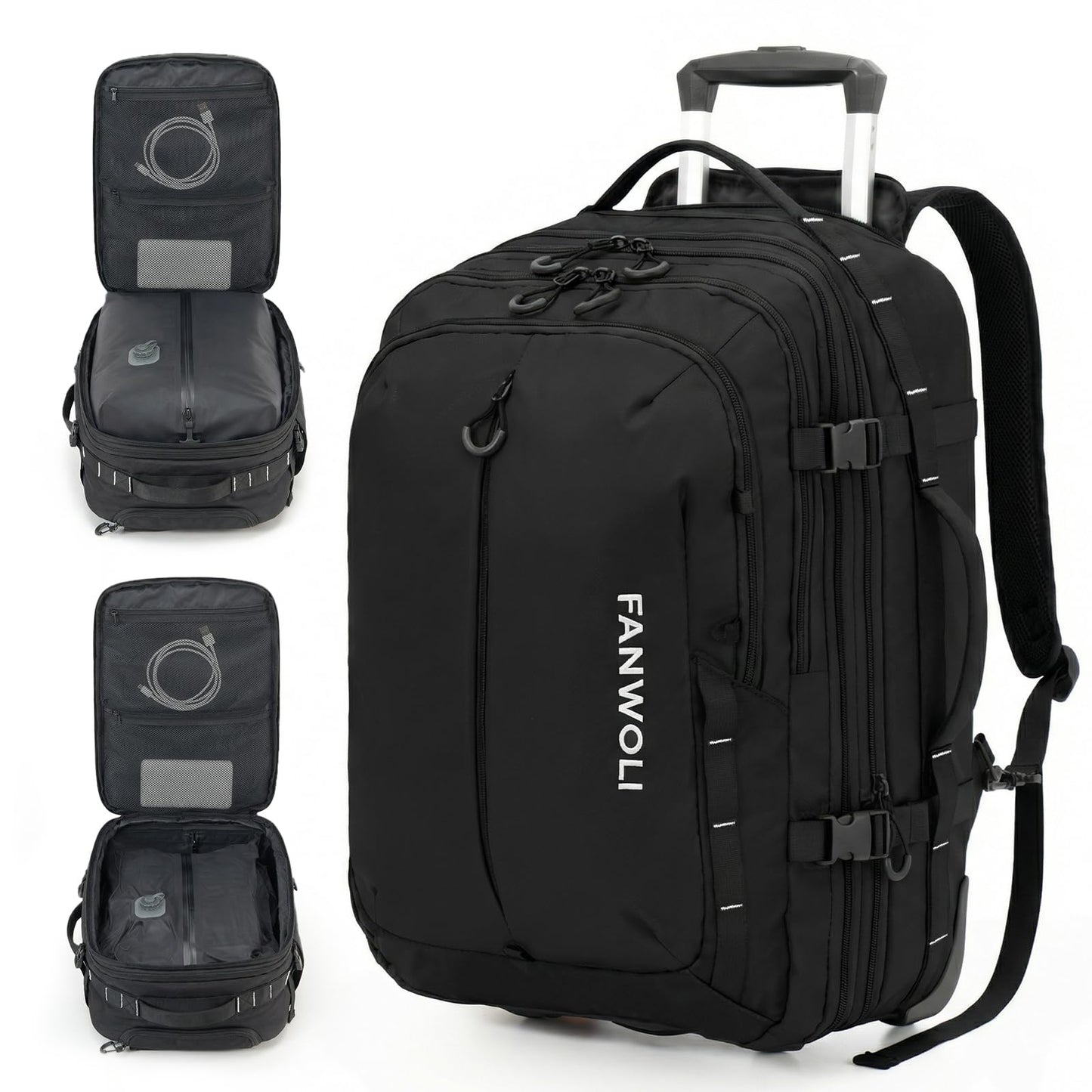 Fanwoli Rolling Vacuum Backpack Travel with One-Button Compression, 55L Expandable, Water Resistant Carry-On Suitcase Luggage, Ideal for Outdoor/Family/Trips Black