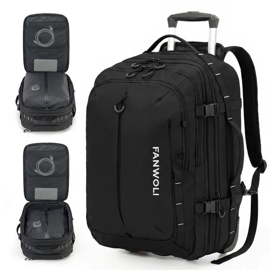 Fanwoli Rolling Vacuum Backpack Travel with One-Button Compression, 55L Expandable, Water Resistant Carry-On Suitcase Luggage, Ideal for Outdoor/Family/Trips Black