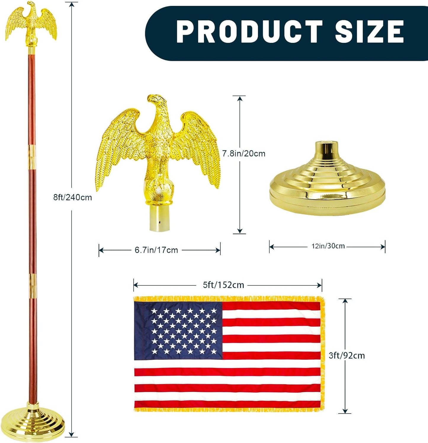 Presidential Indoor Flag Pole - Wooden 8FT Flagpole with Base, 3x5 USA Flag-Heavy Duty Water Resistant Polyester Canvas Embroidered Stars, Eagle