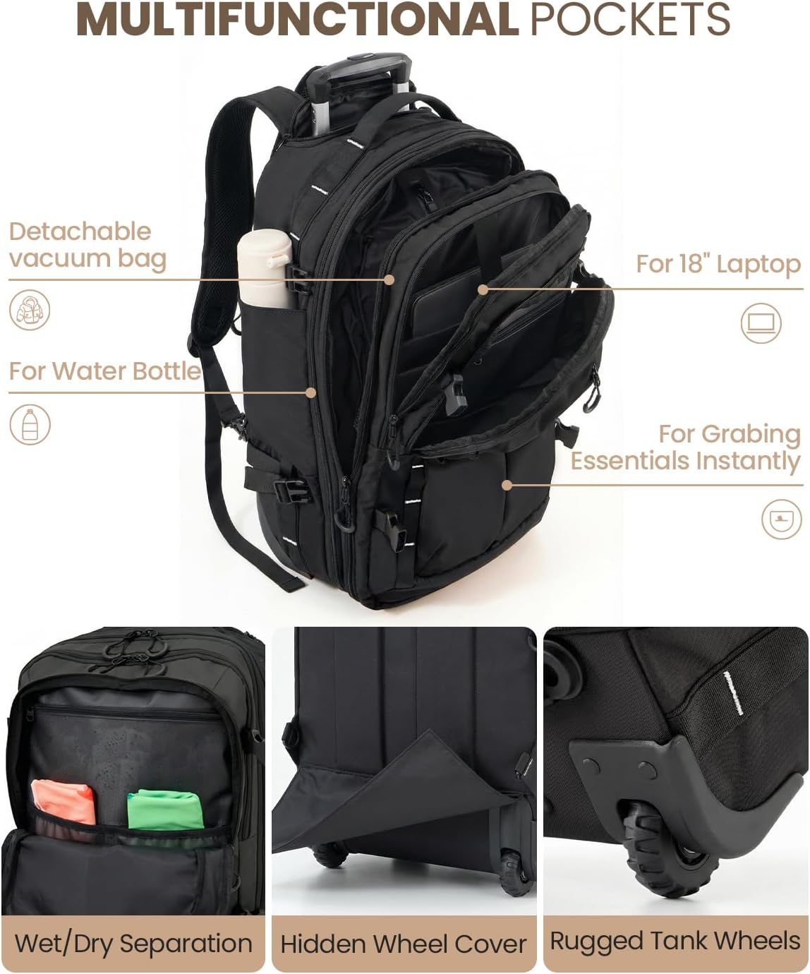 Fanwoli Rolling Vacuum Backpack Travel with One-Button Compression, 55L Expandable, Water Resistant Carry-On Suitcase Luggage, Ideal for Outdoor/Family/Trips Black