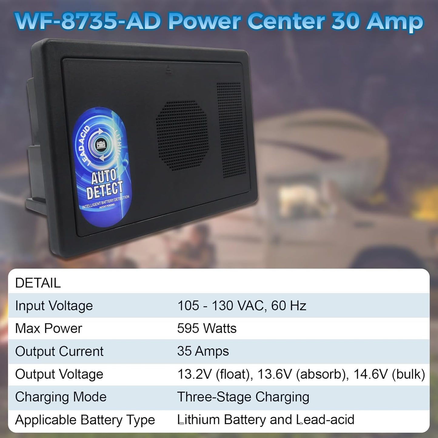 WF-8735-AD RV Converter Charger 30 Amp Power Center, Black 35 Amp DC Output, 3-Stage Charging, WF-8735 Converter for RV,Camper,Caravan,Travel Trailer