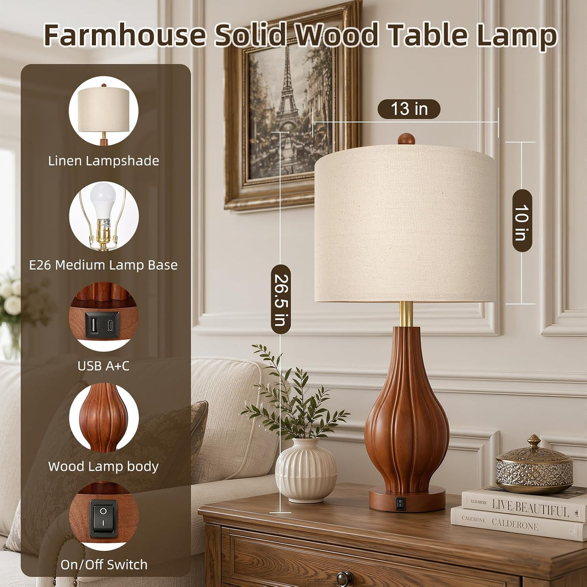 Scenekoy 26.5" Solid Wood Table Lamp Set of 2, 3-Way Dimmable Table Lamp