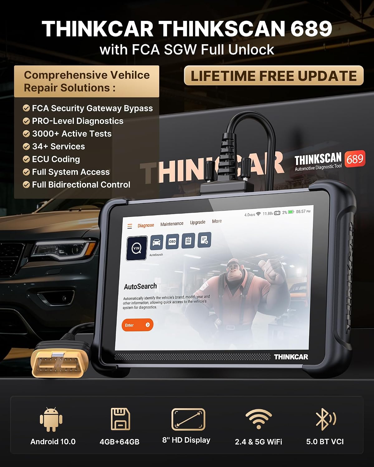 THINKCAR THINKSCAN 689 Sets,OBD2 Scanner with FCA SGW Bypass Gateway Access | Bidirectional Scan Tool 3000+ Active Test, ECU Coding, 34+ Service, OE Diagnostic, NO Update Limit, Screen Protector Included