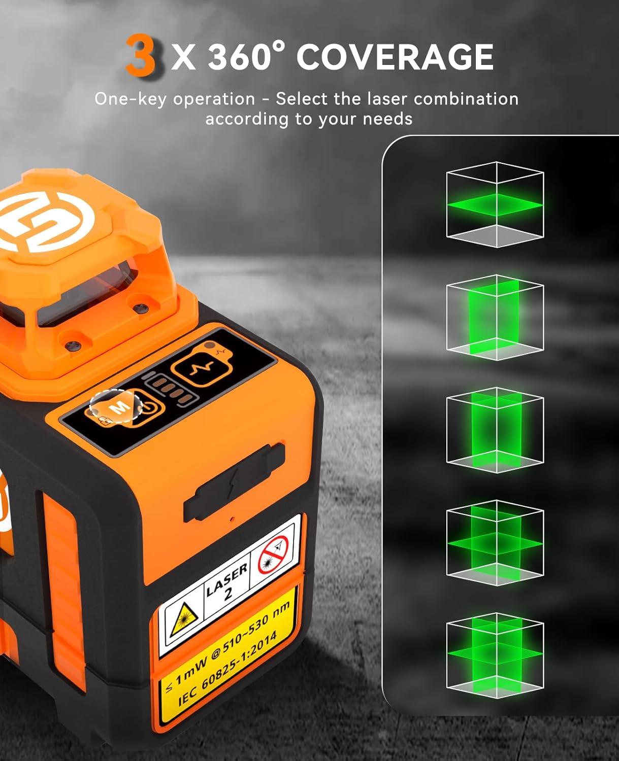 SUNPOW Laser Level 3x360 Self Leveling, Green Beam Cross Line Laser Level Tool for Construction & Picture Hanging - Build-in Li-ion Battery, Type-C