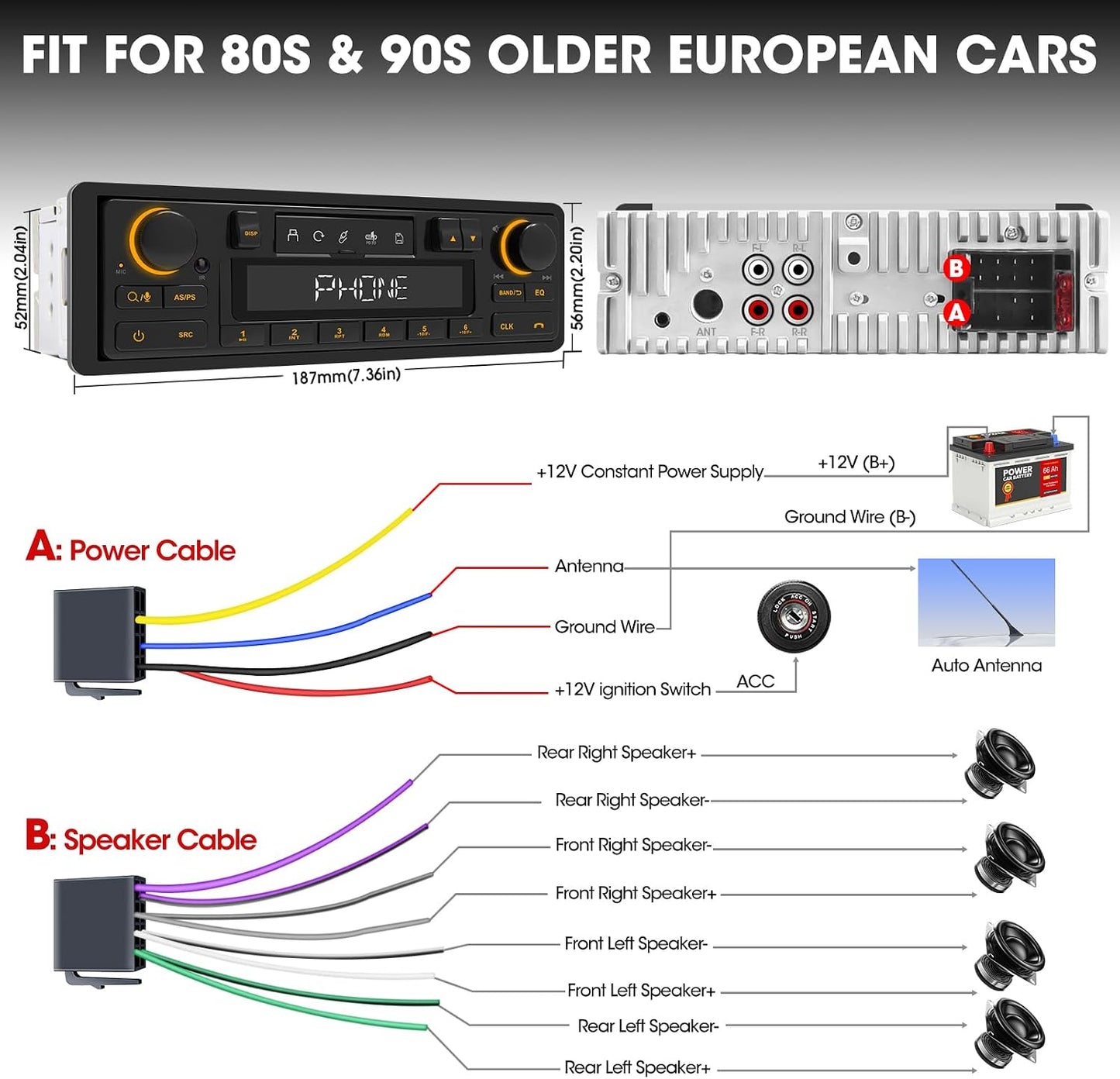 Single Din Retro Bluetooth Radio: European Style Stereo for Classic Cars | HD LCD Display FM AM USB SD AUX-In Type-C Charge Preset EQ 4-CHN Outputs Black