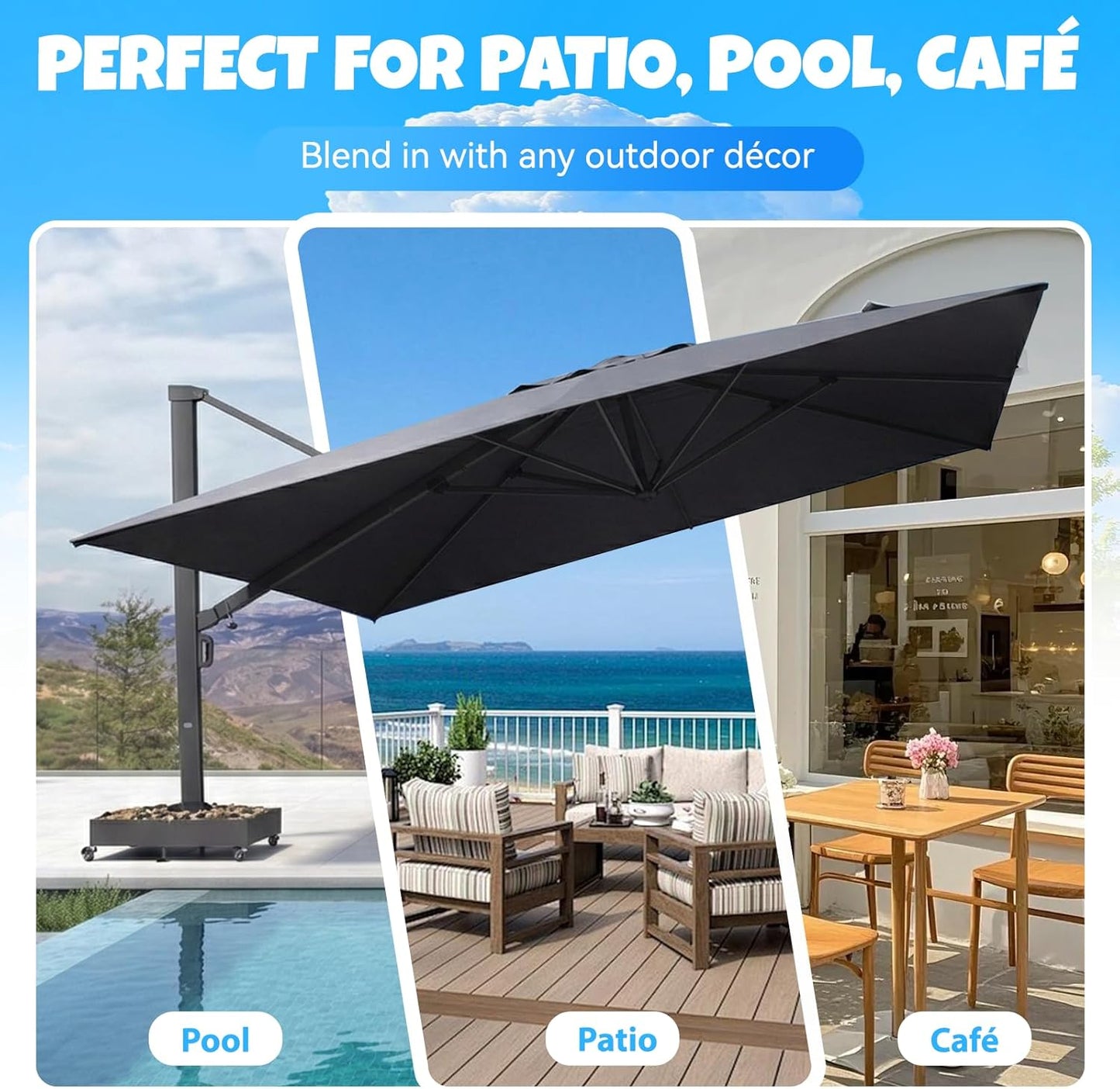 Cantilever Umbrella Base with Wheels, Heavy Duty Patio Umbrella Base Fillable with Stones, Large 37.79 Inch Square Base, Steel Frame Outdoor Stand for Offset Umbrellas