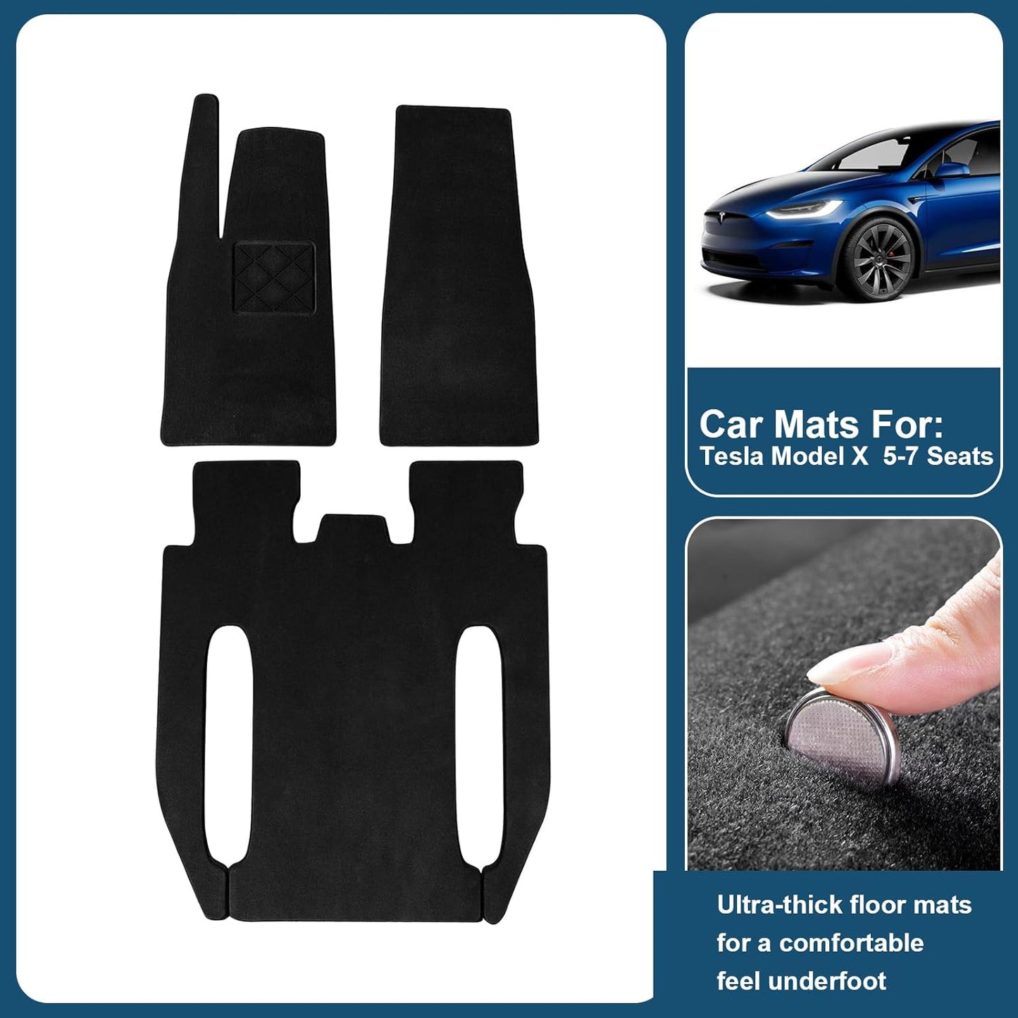 Car Floor Mats for Tesla Model X 6 Seats 2022-2025, 0.63in Ultra-Thick Premium Wool, Black, Noise-Reducing, Moisture-Absorbing and Moisture-Proof, Front & Rear Seat Car Rug 3PCS (Black) Model X 6 Seater-Carbon Black