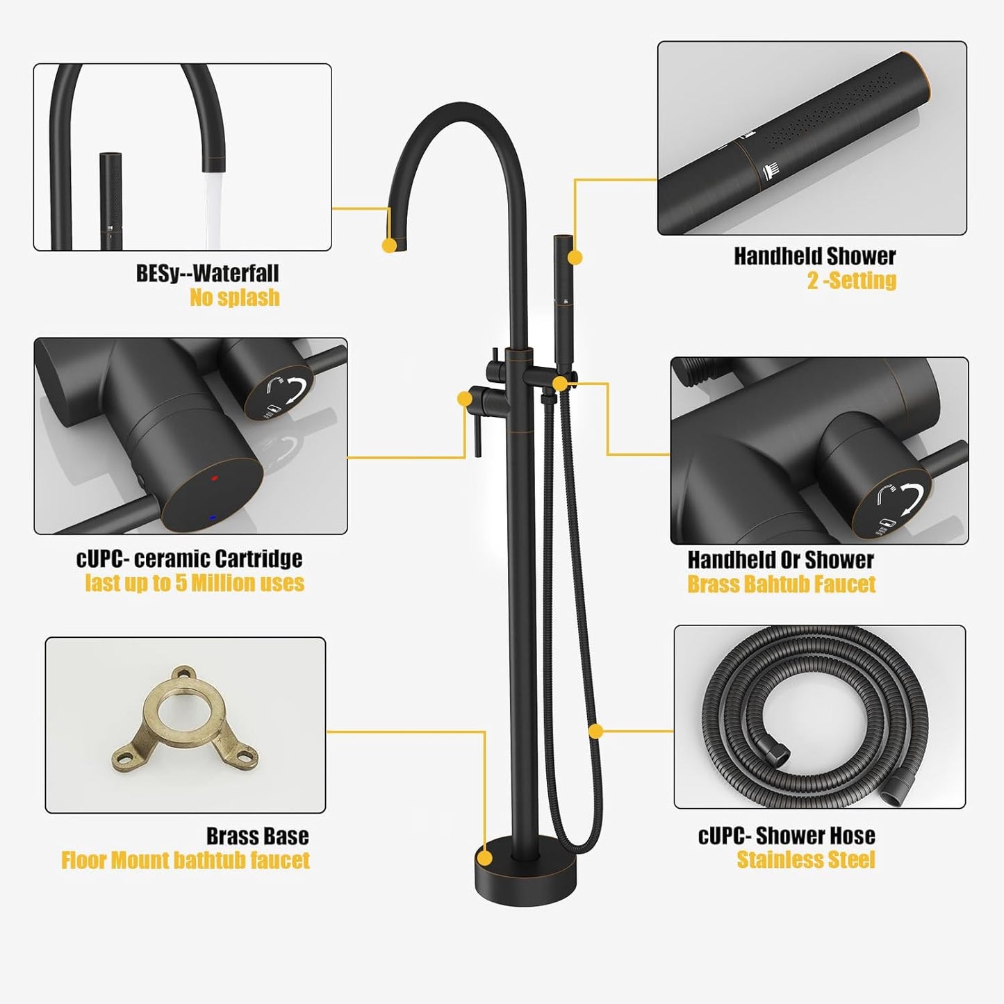 BESy Freestanding Bathtub Faucet Tub Filler Floor Mount Stand Brass Bathroom Tub Faucets with 2 Function Hand Shower Wand Swivel Spout, Oil Rubbed