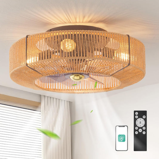 Orison 20 Low Profile Bladeless Ceiling Fans with Lights, Rattan Flush Mount Ceiling Fans with Lights and Remote Control, Enclos