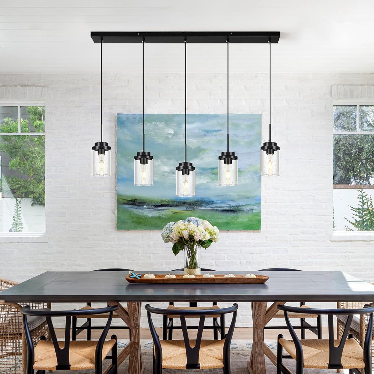 Kitchen Island Lighting Modern 5 Lights Linear Chandeliers Industrial Black Pendant Light Fixtures Ceiling Hanging with Clear Glass Shade for Modern