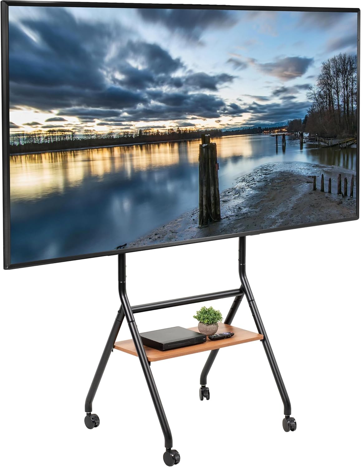 VIVO Rolling 37 to 86 inch Height Adjustable TV Floor Stand with Shelf, Max VESA 600x400mm, Dark Wood Shelf, Black Frame, STAND-TV86RD