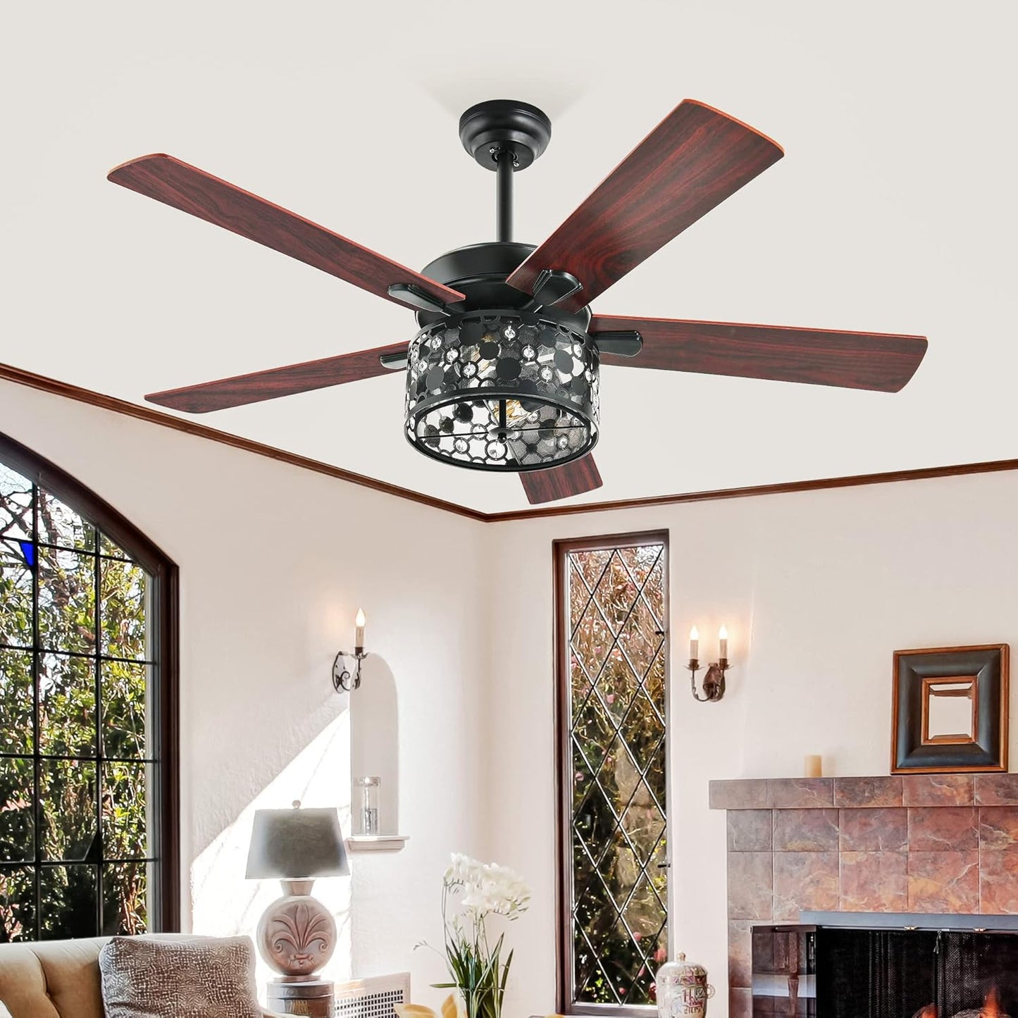 YITAHOME Ceiling Fans with Light and Wall Switch Remote, 52 Inch Modern Farmhouse Outdoor Fan with 2 Bulbs, Clear Crystal Glass, Quiet Reversible