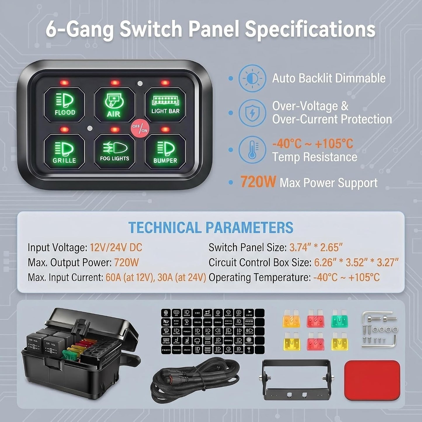 6 Gang Switch Panel 12V, Auto Dimmable for Truck SUV RV UTV | RGB 3-Color Backlight, Over-Current Protection, ABS Aluminum, 60A 720W Relay Box, Fits Cars Pickups Off-Road Trailers