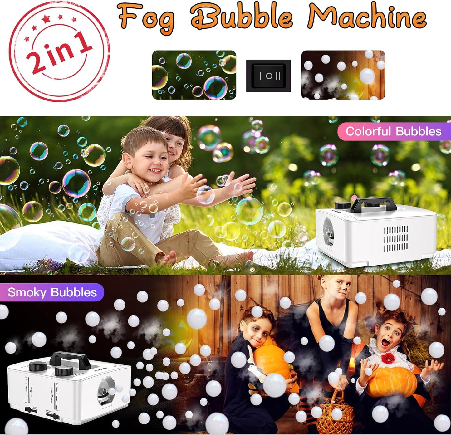 Fog Bubble Machine, 2-in-1 Smoke Bubble Maker, 400W No-Spill Smoke Bubble Blower, Make Colorful Bubbles | White Fog Bubbles for Indoor Outdoor Bir