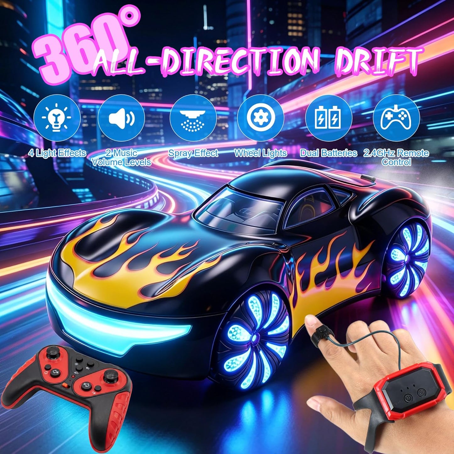 Gesture Sensing RC Stunt Car for Boys 6-12, Hand Controlled Drifting Remote Control Car with Mist Spray & LED, 2.4GHz 50 Min Play Dual Batteries, 360° Spinning, Birthday Gift for Kids, Black