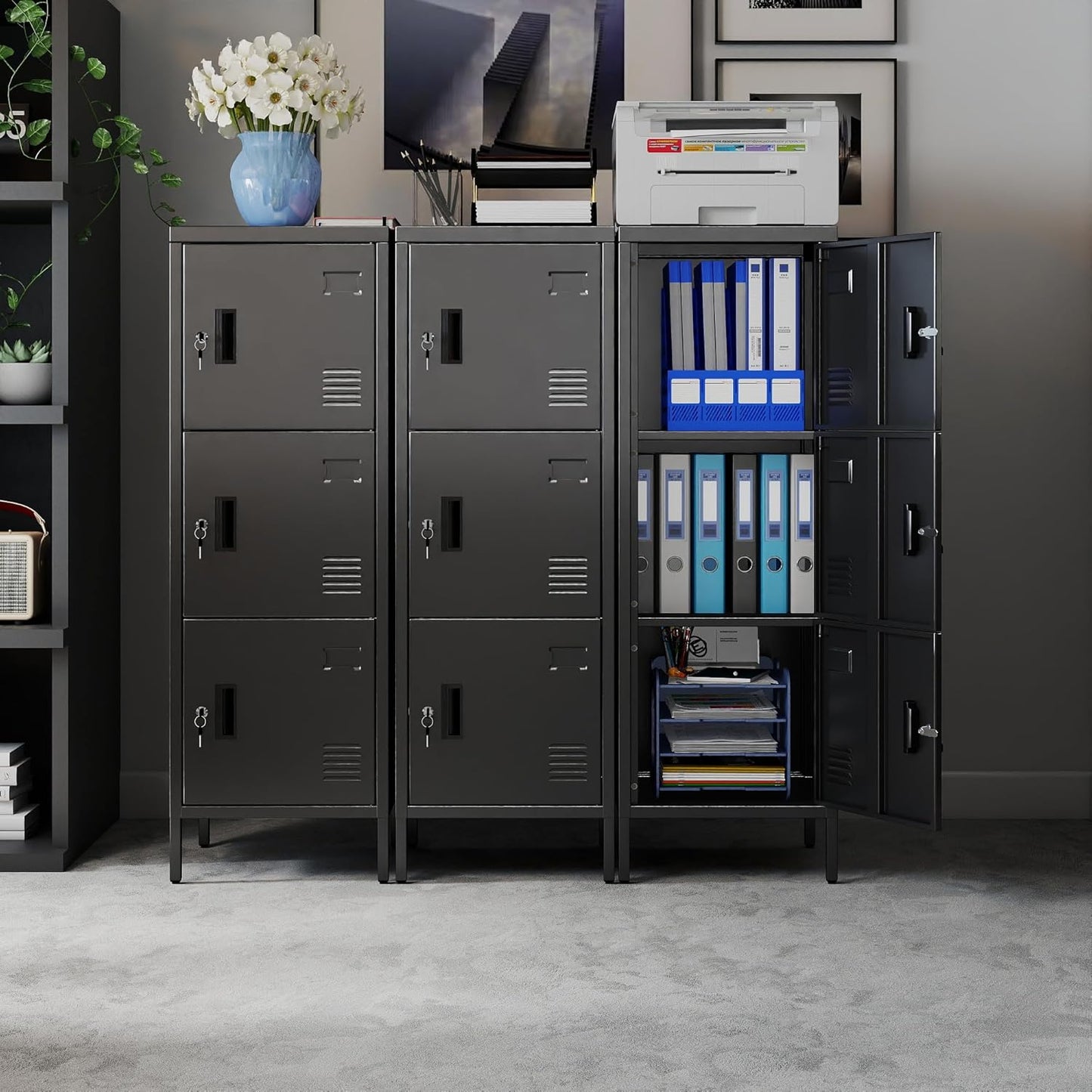 Metal Locker with Ventilation Holes, Metal Storage Cabinet with Lock and Card Slot for Home,School, Office, Garage,47.3" H x 15.8" W x 15.8" D,Assembly Required,Black Black 47.3"-3 Doors