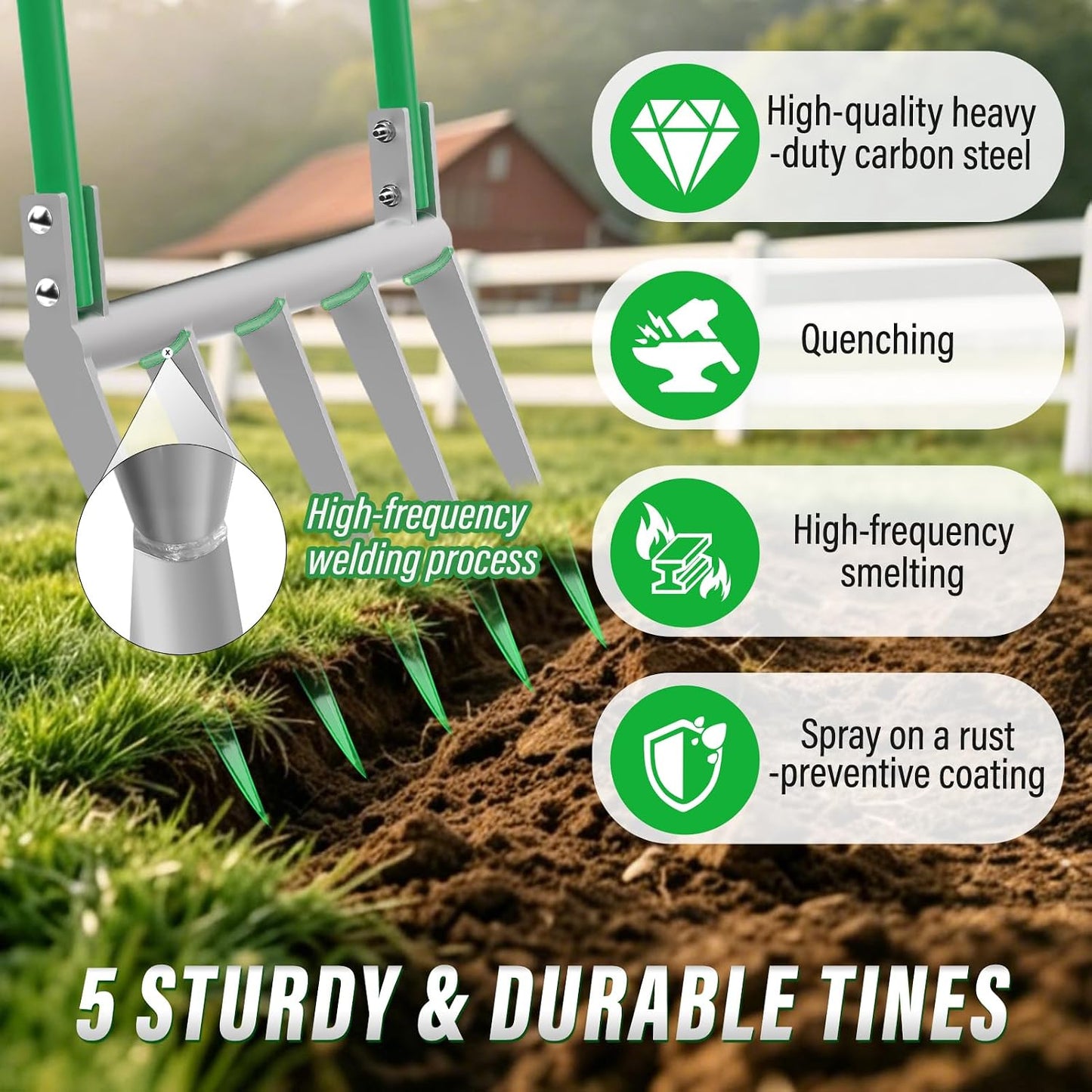 VASALAID Broadfork 5-Tine Broad Fork for Gardening Ergonomic | Heavy Duty Broadfork Tool for Gardening Cultivating Farm Garden Digging Crushing Aerate Soil (Patent Pending) Green