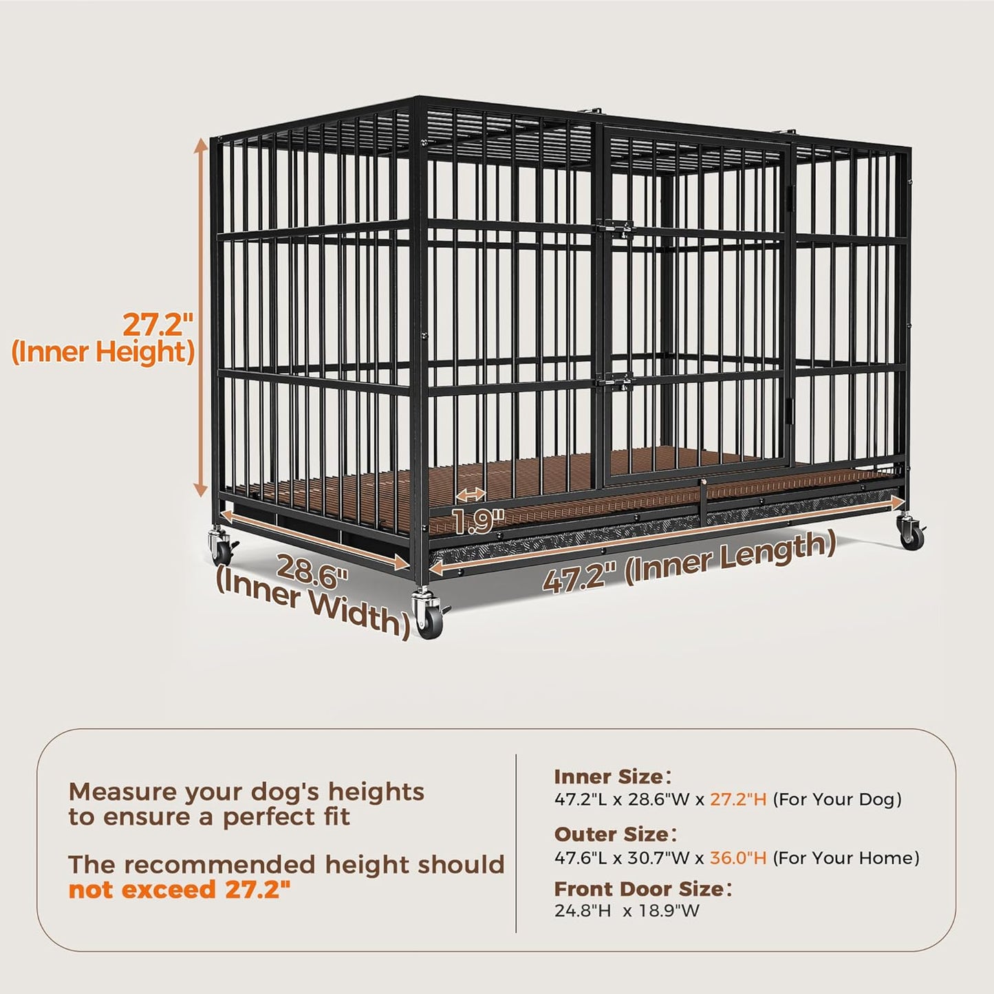 48' Heavy Duty Dog Crate for Large Dogs, Escape Proof, 4 Lockable Wheels, Removable Door