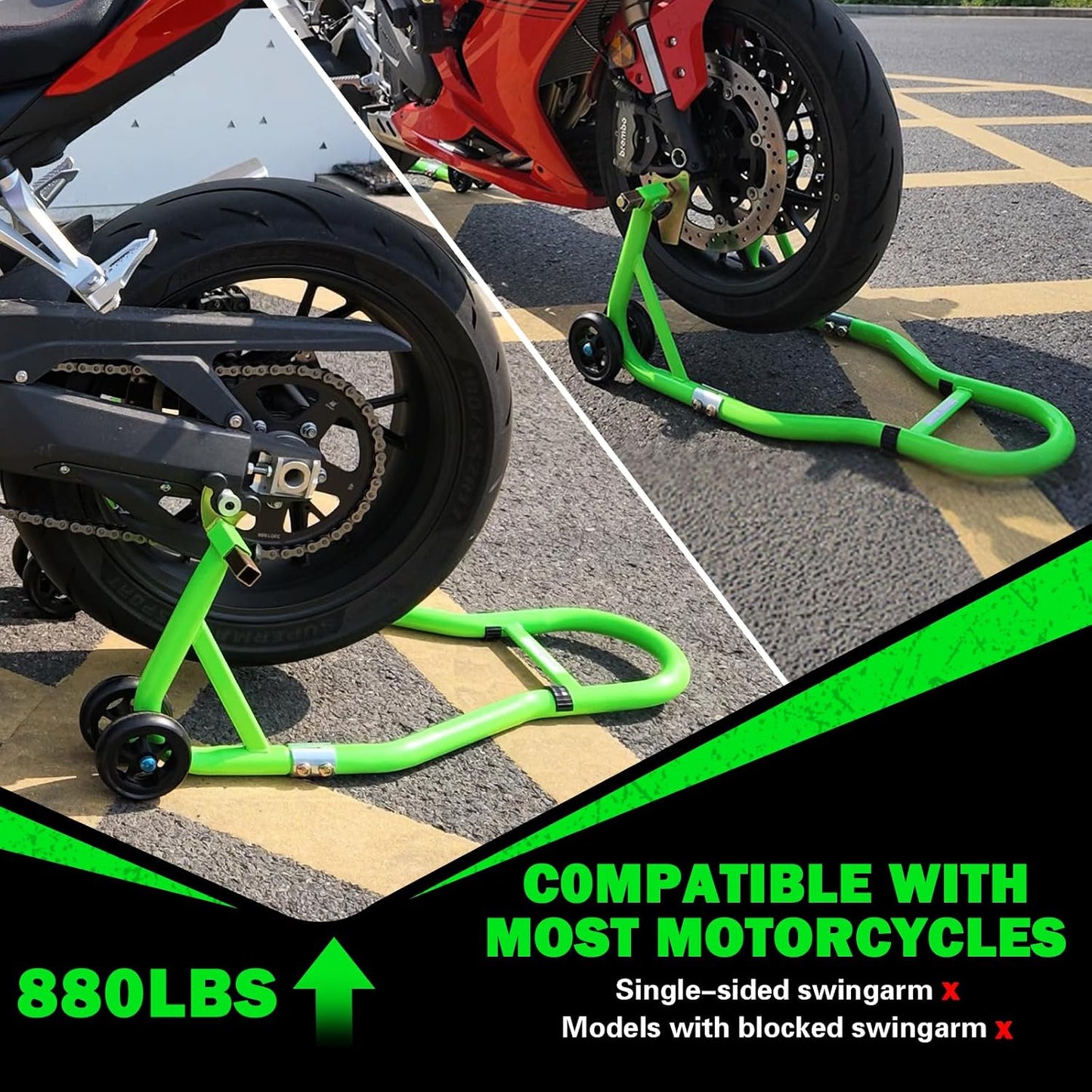 MOTO4U Motorcycle Stand,880lbs Motorcycle Stands Front and Rear with 4 Adjustable Swingarm Spool,Heavy Duty Front Rear Wheels Lift Combo,Paddock Stands Dual bolt Universal Fit for Most Sport Bike