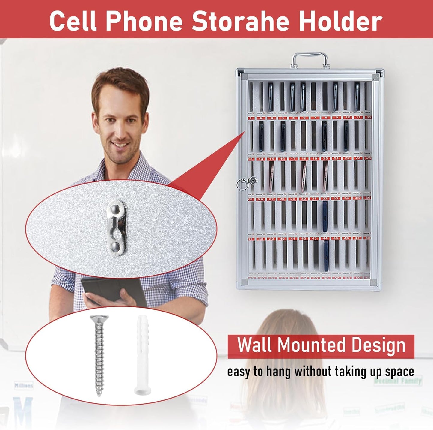 60 Slots Cell Phone Holder Classroom Aluminum Alloy Cell Phones Storage Cabinet Wall Mounted Cell Phone Locker