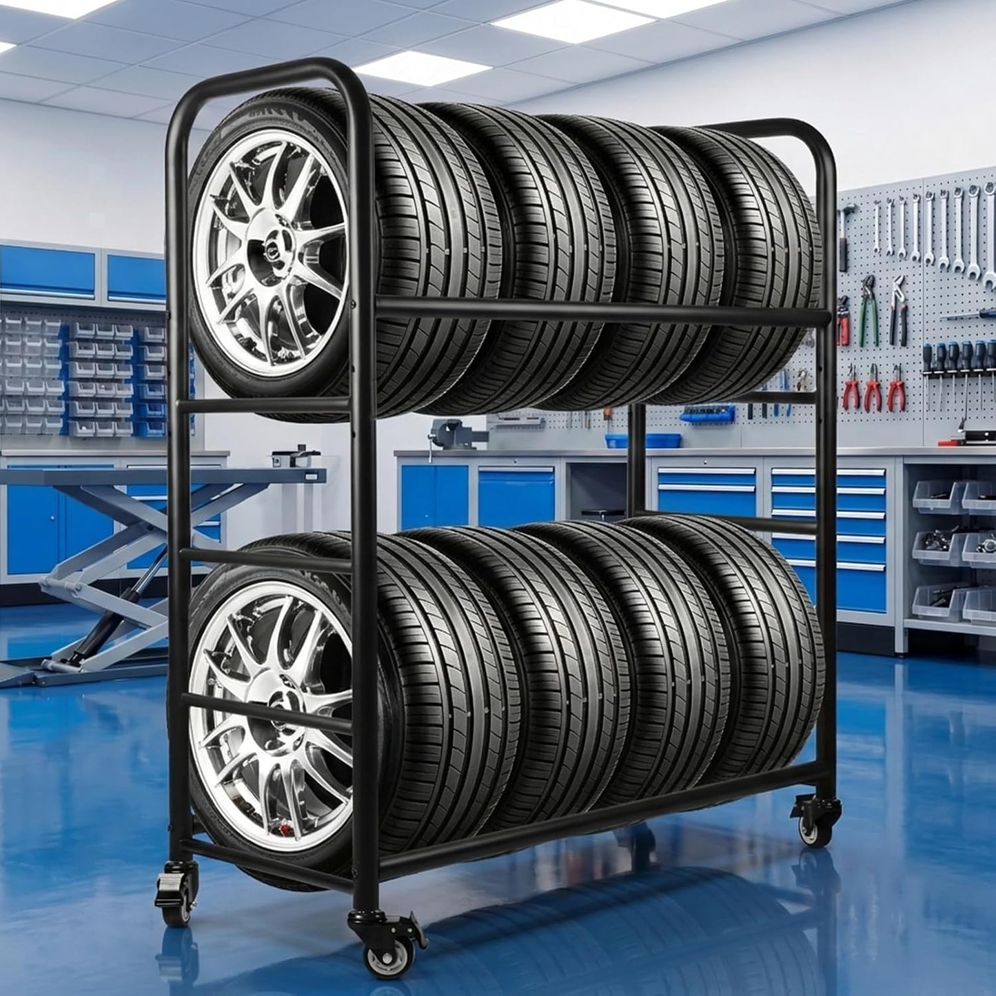 Tire Rack, 56x44x20in Adjustable Tire Storage Rack with 4 Swivel Casters, 200KG/440LBS Weight Capacity Rolling Tire Stand, Heavy Duty Tire Storage Organizer for Garage, Home, Shop