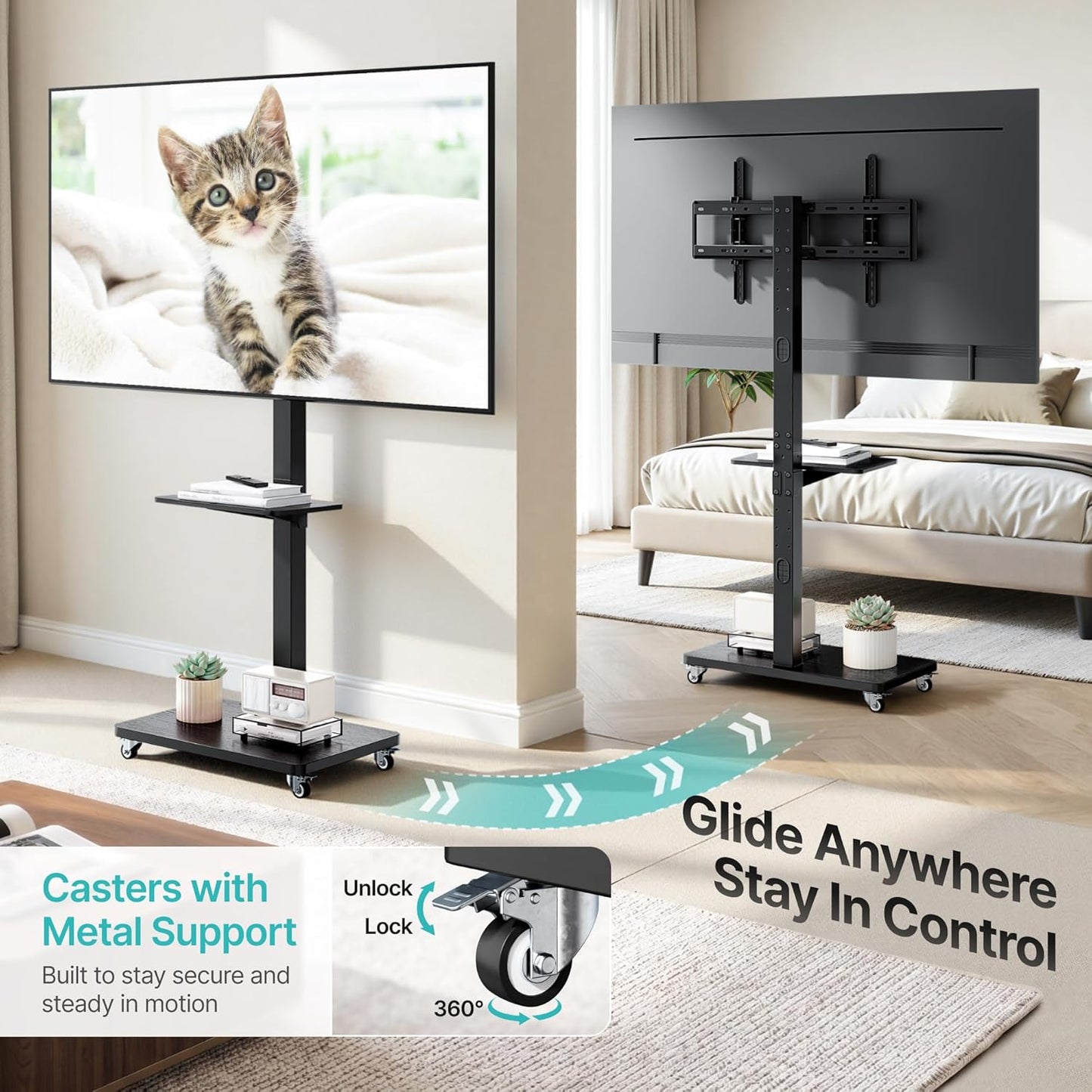 PEGZONE Rolling TV Stand for 32-75 Inch TVs Holds up to 110 lbs, Mobile TV Stand on Metal Wheels with Shelf, Tilt & Swivel Portable TV Cart with Mount, Height Adjustable TV Cart with Wire Management