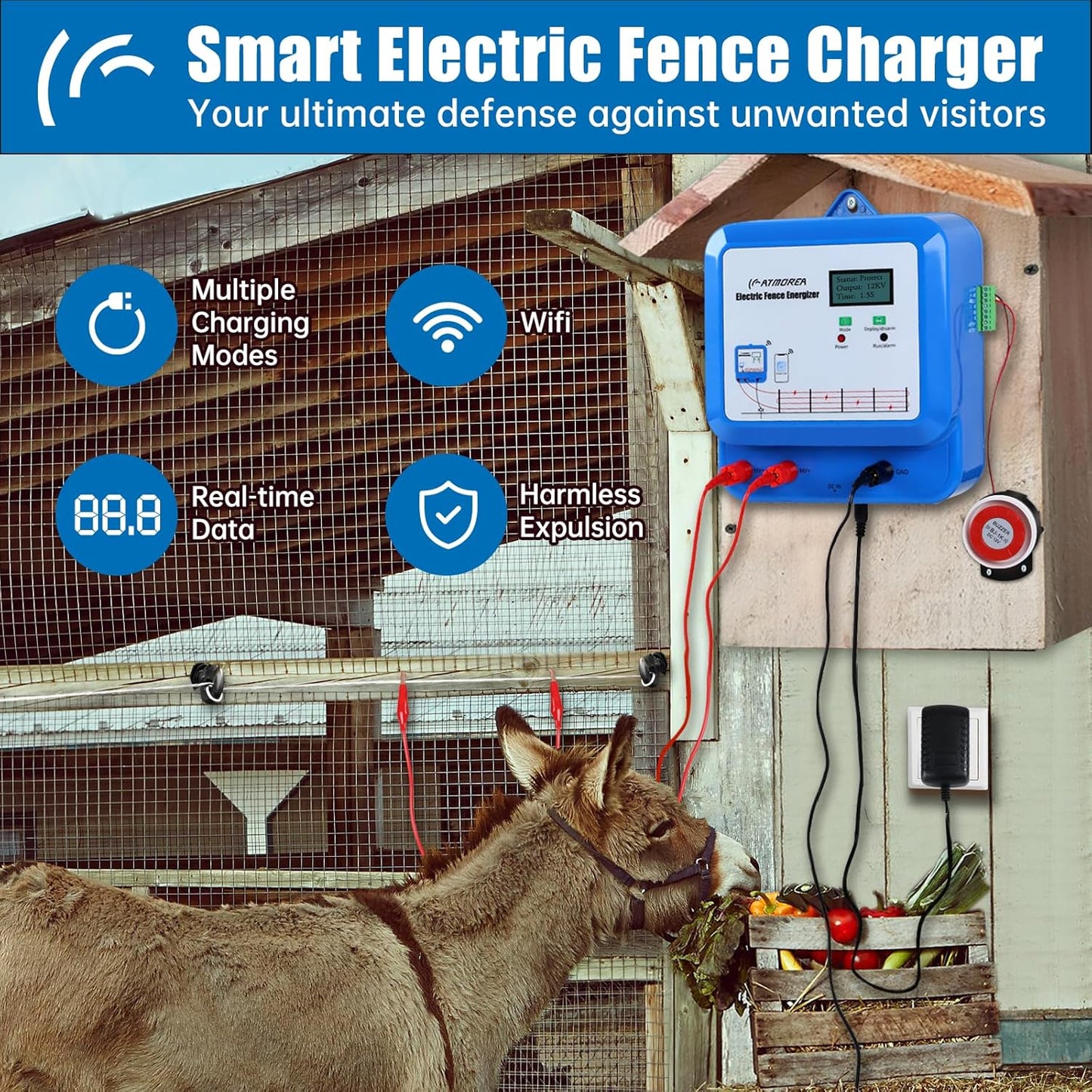 Smart Wi-Fi Electric Fence Charger 1.5-3 Joule Adjustable Energizer with Alarm Function for Mobile Devices and Remote Control - Ideal for Poultry,